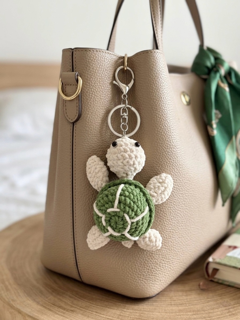 Handmade Green & Cream Crochet Turtle Bag Charm Keychain